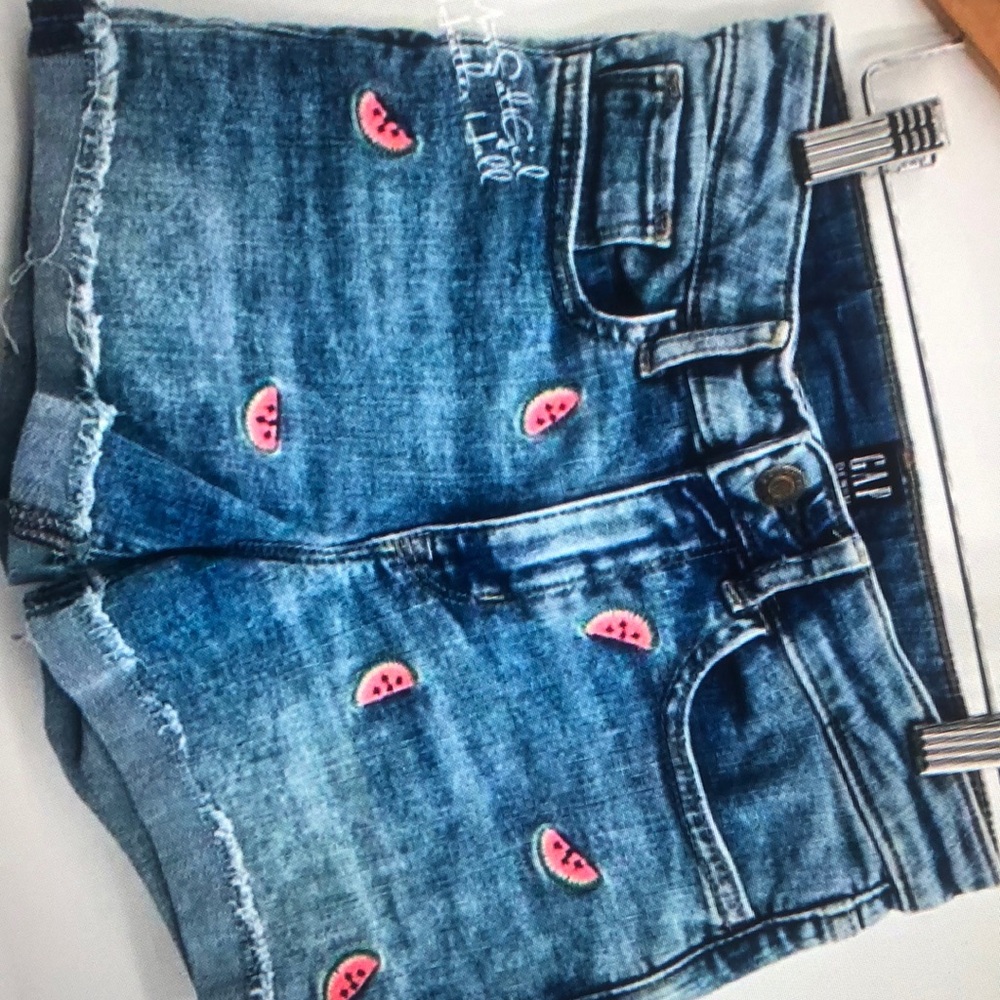 Watermelon embroidered stretch denim jeans shorts